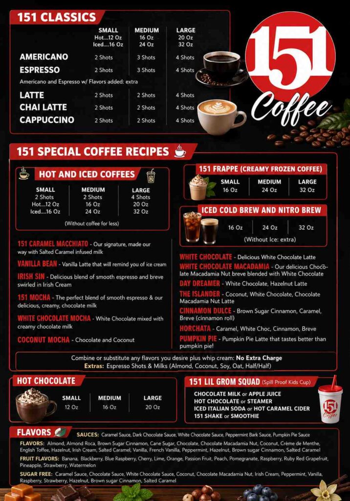 151 Coffee Menu board