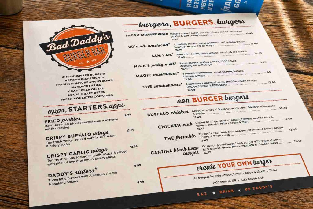 Bad Daddy Burger Bar Menu Card