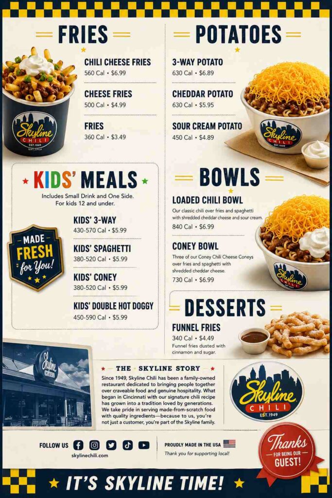 Modern Skyline Chili menu board with fries, potatoes, bowls, desserts, and kids' meals.