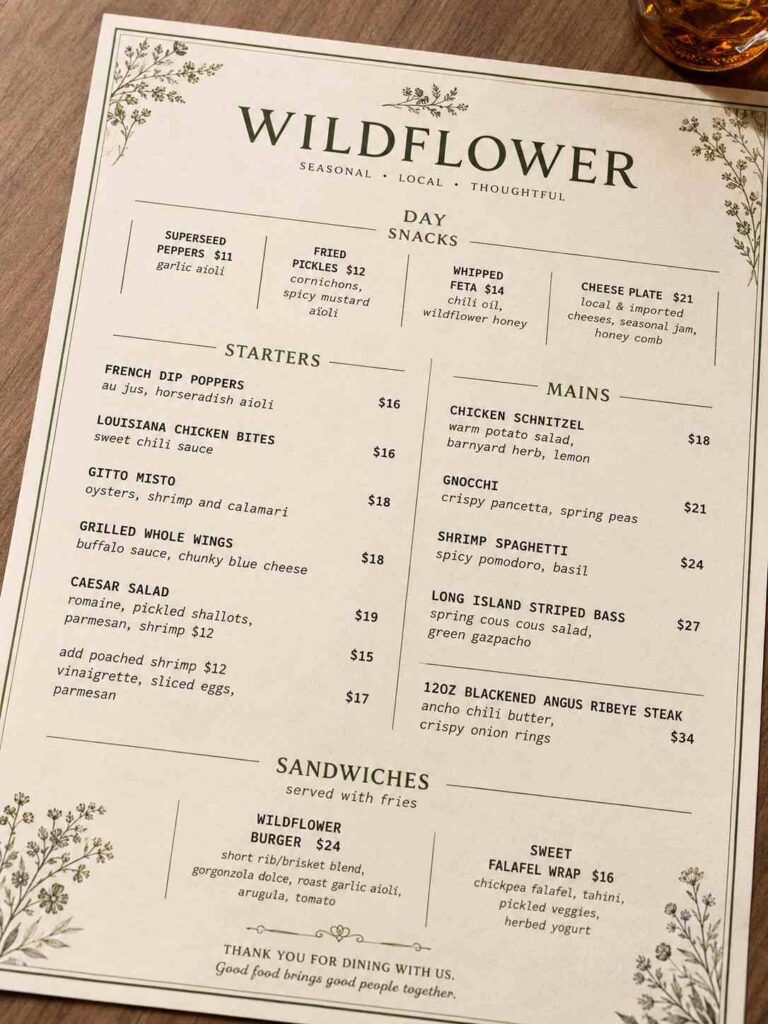 Wildflower Restaurant Menu