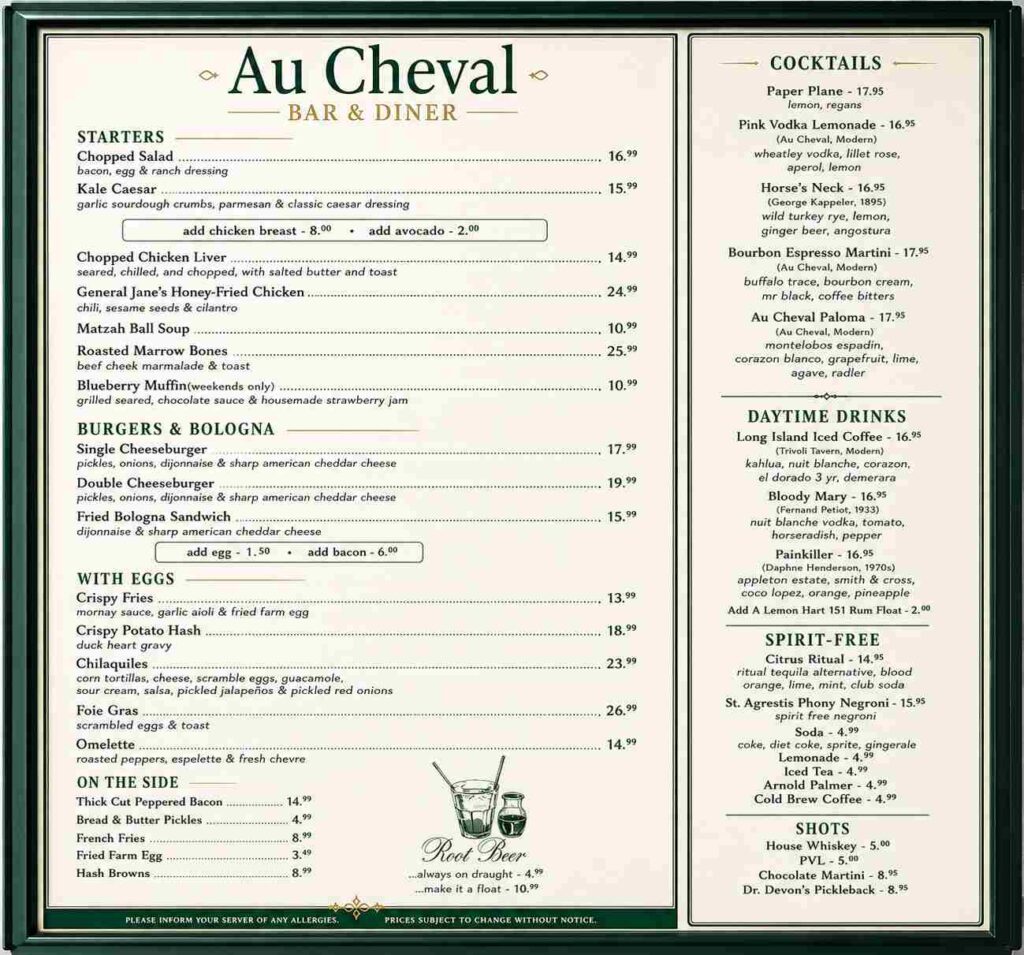 AU CHEVAL RESTAURANT MENU Board