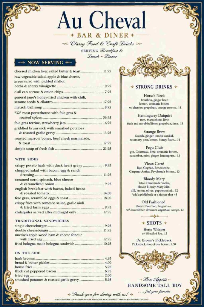 AU CHEVAL SIGNATURE MENU WITH PRICES