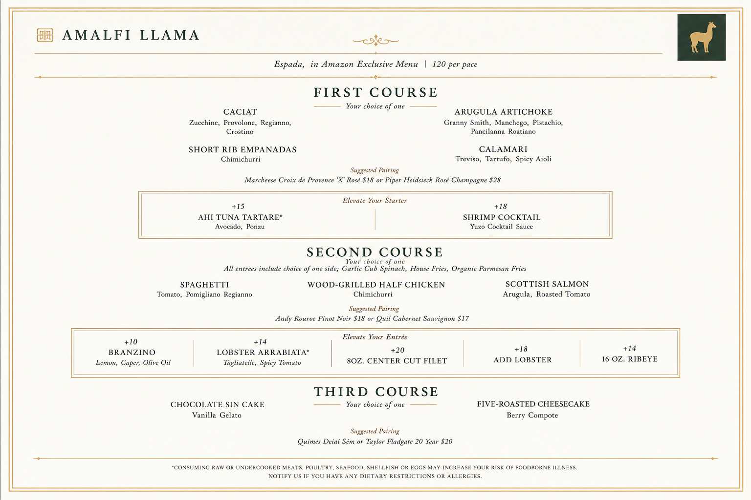 Amalfi Llama Menu Prices