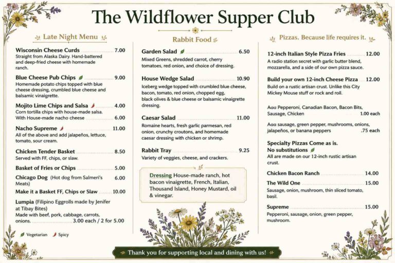 The Wildflower Supper Club Menu