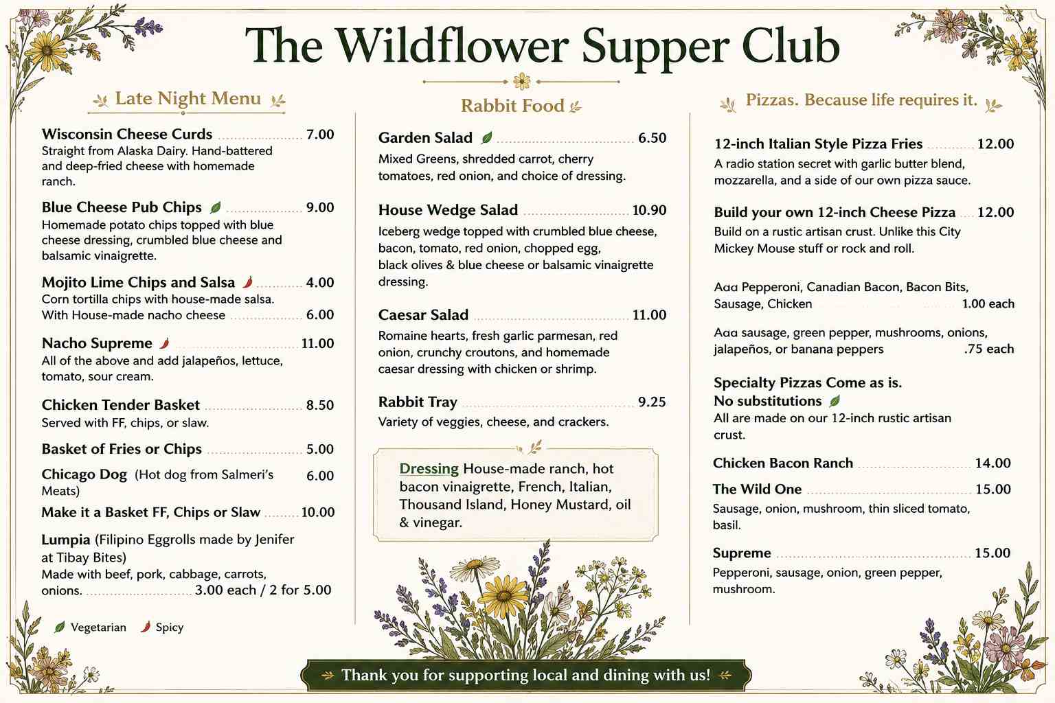 The Wildflower Supper Club Menu