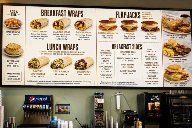 Tudor's Biscuit World Menu of BREAKFAST WRAPS & FLAPJACKS