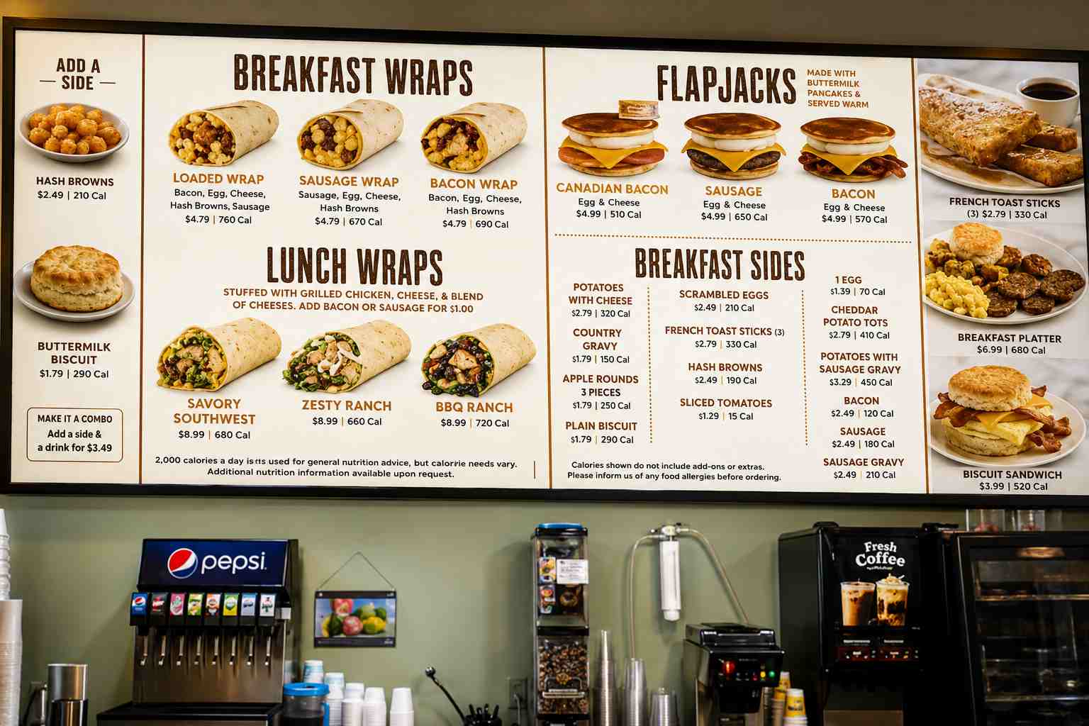Tudor's Biscuit World Menu of BREAKFAST WRAPS & FLAPJACKS