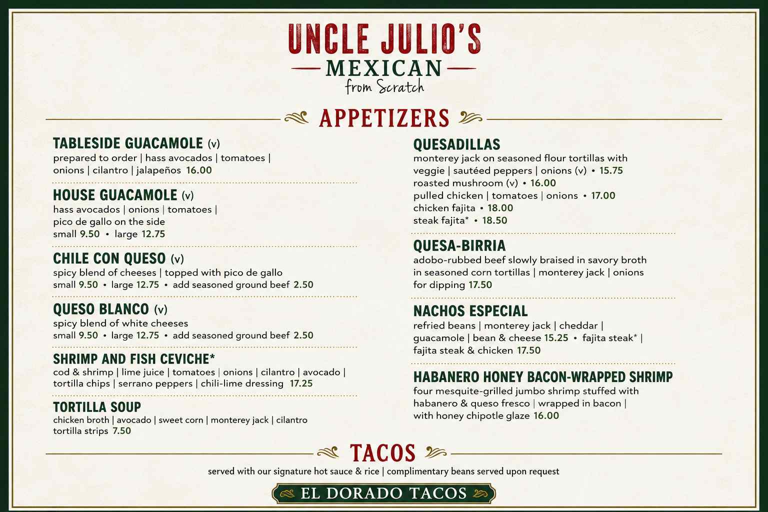 Uncle Julio's Menu Prices