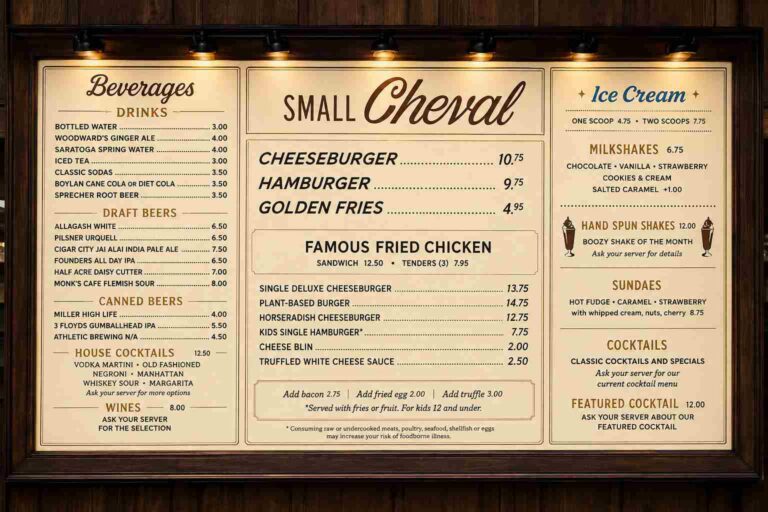 AU CHEVAL BAR & DINER MENU WITH PRICES USA