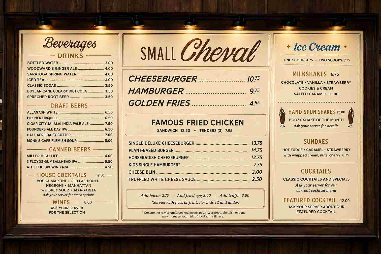 AU CHEVAL BAR & DINER MENU WITH PRICES USA
